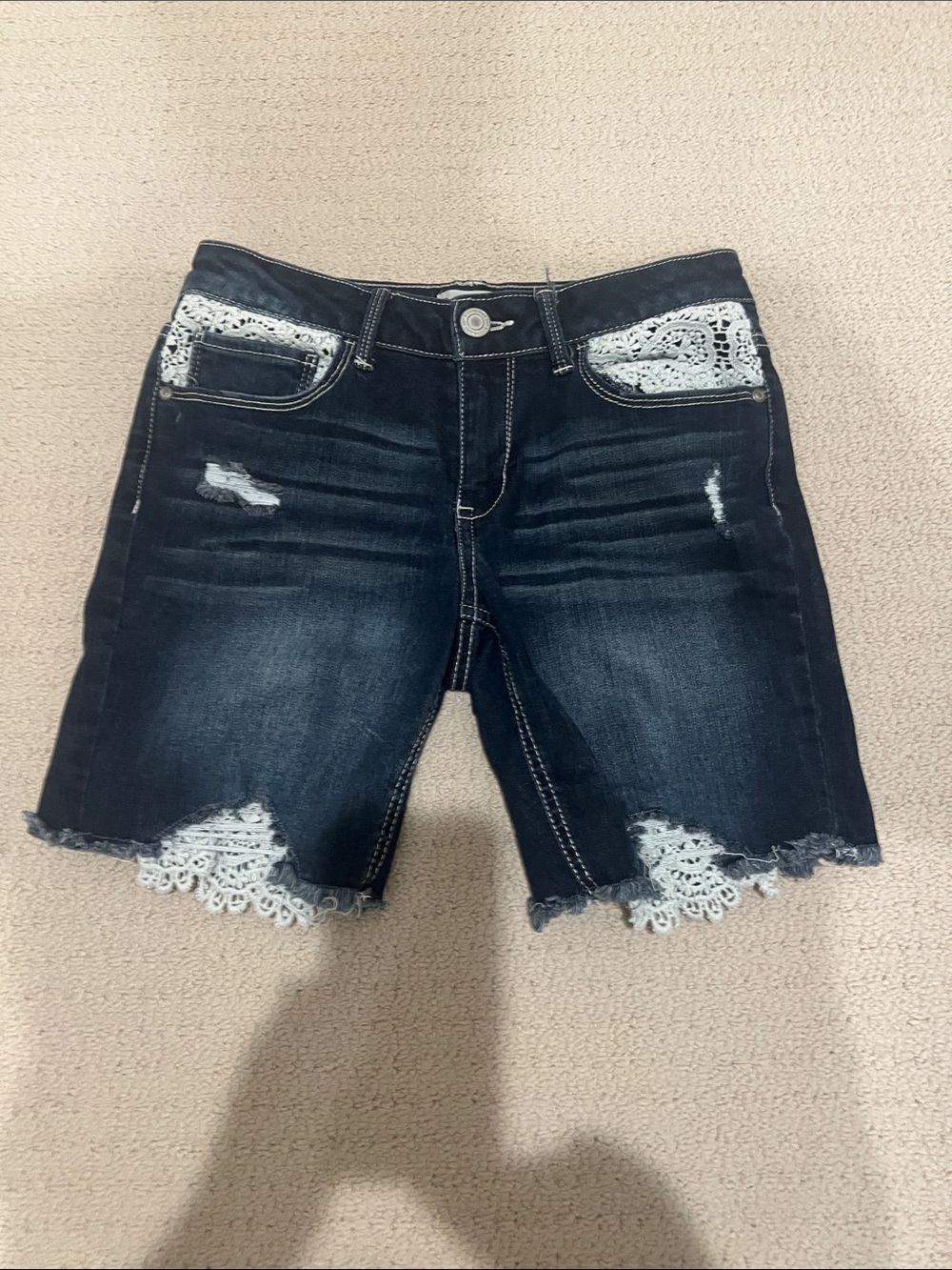 SO Dark Blue Denim Shorts with White Lace Trim